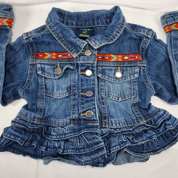 VTG Genuine Kids By OshKosh Girls 4T Denim Jean Jacket Southwestern Ruffle Hem - Picture 3 of 12